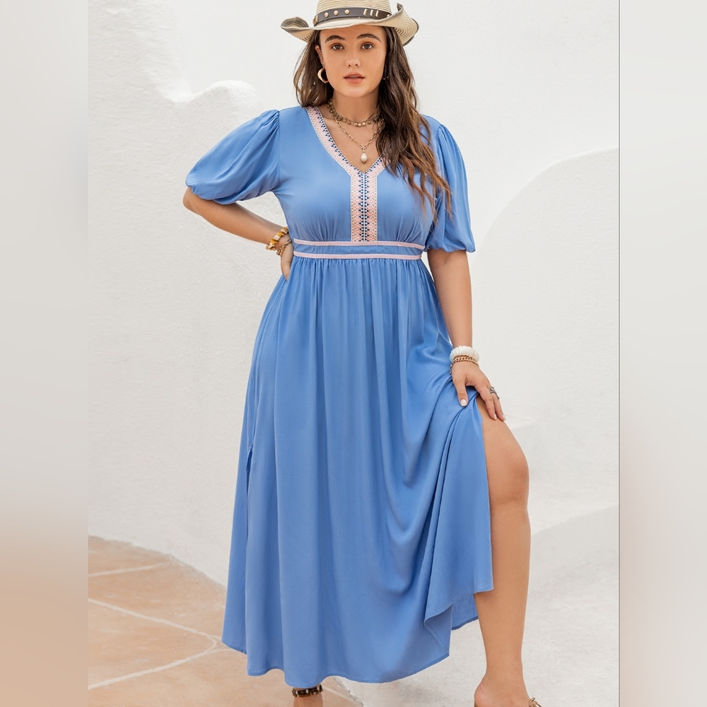 Plus Size Slit V-Neck Short Sleeve Dress